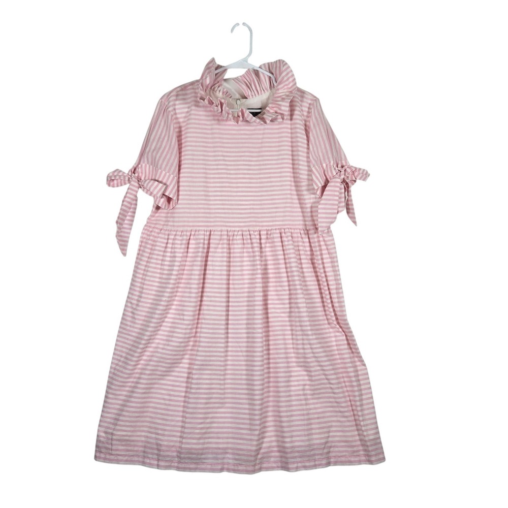 Elizabeth Wilson Dress Womens 2XL Pink Striped Ruffle Neck Short Sleeve Cotton